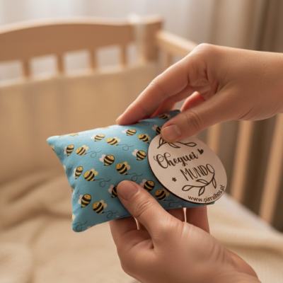 Almofada azul com abelhas e etiqueta branca com texto segurada por mãos em frente a berço de madeira
