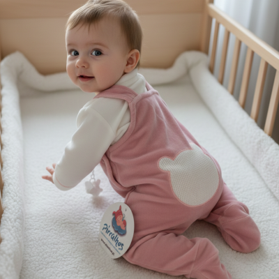 Bebé com roupa rosa com padrão de urso numa cama de grades clara
