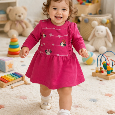 Bebé com vestido rosa e estampas da Minnie num quarto infantil com brinquedos coloridos e tapete felpudo.