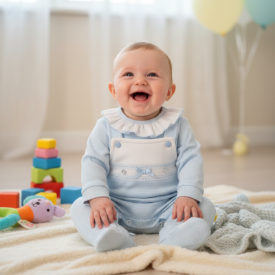 Bebé sorridente com macacão azul claro sentado em cobertor com brinquedos e balões ao fundo