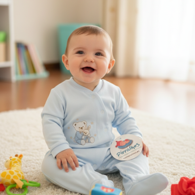 Bebé com fato de corpo azul claro sentado num tapete com brinquedos ao redor