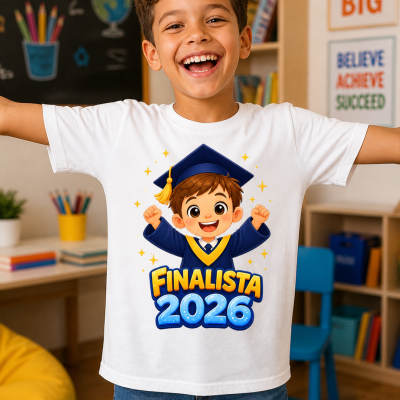 Camisola branca com desenho de menino a graduar e texto FINALISTA 2026