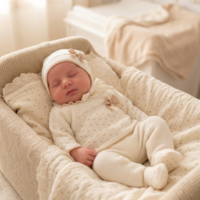 Bebé recém-nascido em cesta de tecido creme com roupa de malha creme