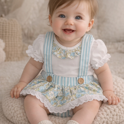 Bebé sorridente com vestido floral azul e alças às riscas azuis sentada em manta bege