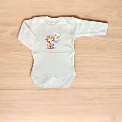 Body branco para bebé com estampa de girafinha e balões coloridos