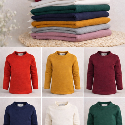 Camisolas de manga comprida coloridas empilhadas e exibidas individualmente