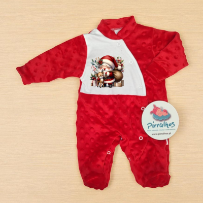 Macacão de bebé vermelho e branco com estampa de Pai Natal e rena