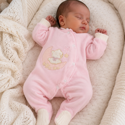 Bebé a dormir vestido com macacão rosa com motivo bordado, deitado em berço bege acolchoado com manta de malha