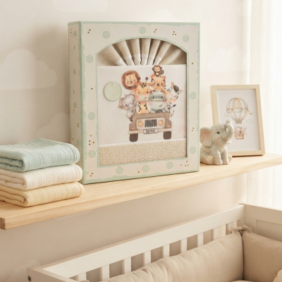 Conjunto de roupa de cama de bebé com estampa de animais, embalado numa caixa decorada, ao lado de toalhas e decoração de bebê num ambiente suave.