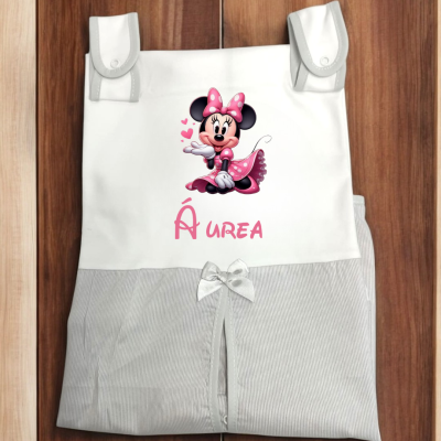 Organizador tecido branco e cinzento com imagem Minnie Mouse e texto ÁUREA