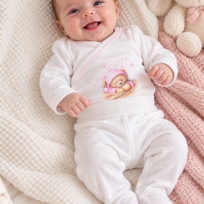 Bebé a sorrir vestido com macacão branco com urso rosa, deitado sobre mantas e peluche