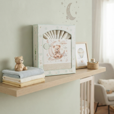 Prateleira com toalhas coloridas, ursinho de cerâmica, caixa decorativa de ursinho, moldura e cesta de vime numa sala de bebé
