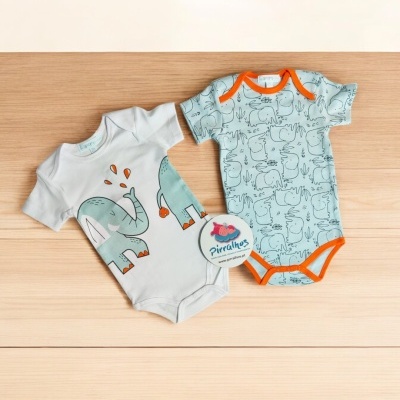 Dois bodies de bebé com desenhos de elefantes, um branco com elefante grande azul e um azul claro com elefantes pequenos.