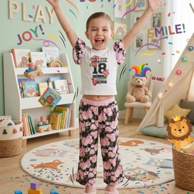 Menina com pijama floral rosa e preto numa sala de brinquedos para crianças.