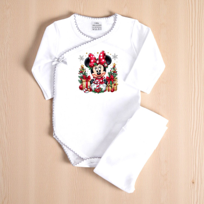 Conjunto de roupa para bebé com body branco e calça, body com estampado de Minnie natalícia.