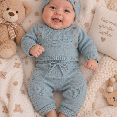 Bebé com roupa de malha azul claro deitado em manta clara com ursinhos