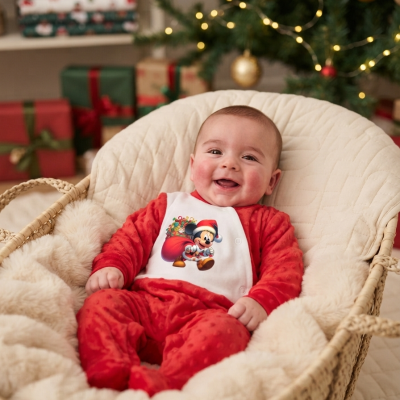 Bebé em pijama vermelho com tema de Natal sentado em cesta de vime acolchoada