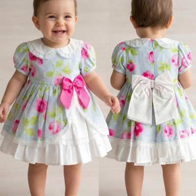Vestido de bebé azul claro com padrão floral rosa e verde, gola branca com renda e laços destacáveis na frente e atrás