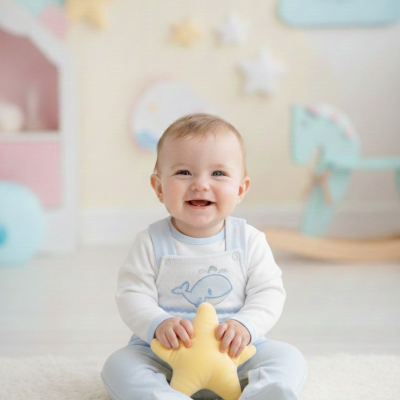 Bebé sorridente sentado num tapete segurando brinquedo amarelo em quarto colorido.