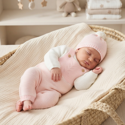 Bebé adormecido em cesta de palha com roupa de malha rosa e branca num quarto neutro e decorado com brinquedo e peluche.