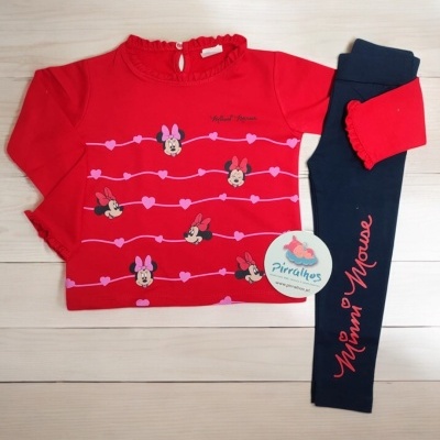 Conjunto infantil Minnie Mouse com camisola vermelha estampada e calças azuis com texto