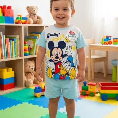 Criança com pijama azul claro e estampa da Disney em ambiente de brincadeiras colorido.