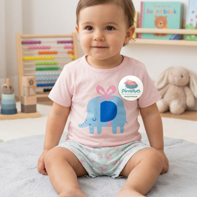 Criança sentada a usar roupas de algodão com elefante estampado, rodeada de brinquedos e livros infantis