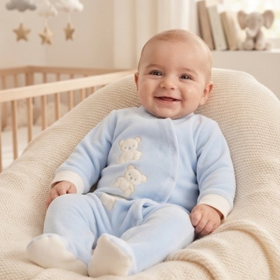 bebé com macacão azul com ursinhos numa almofada creme em quarto de bebé
