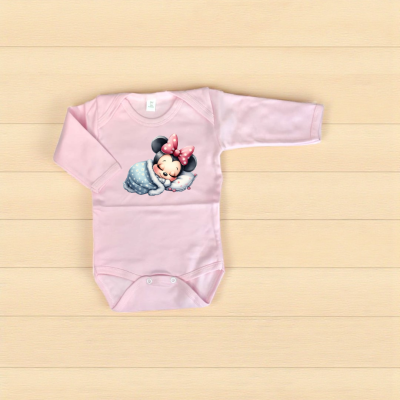 Body de bebé rosa com ilustração da Minnie Mouse a dormir