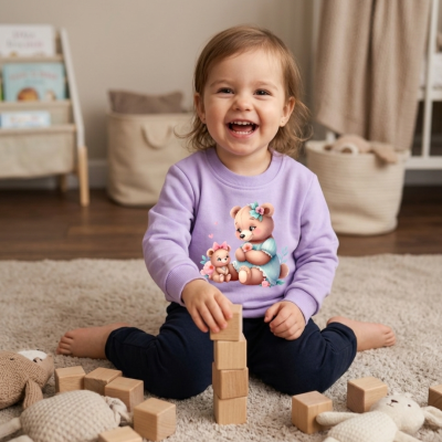 Menina sorridente com camisola lilás com estampa de ursos e calças pretas sentada a brincar com cubos de madeira e peluches num tapete bege.