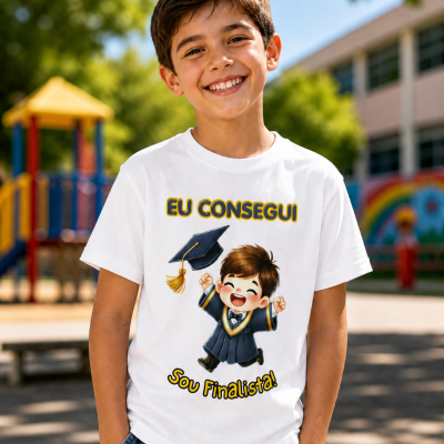 Menino sorridente com t-shirt branca estampada com personagem e texto sobre formatura numa área infantil exterior