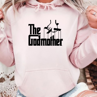 Sweatshirt rosa claro com estampado preto 'The Godmother' e design de mãos com cordas