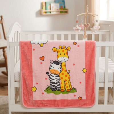 Manta cor-de-rosa com girafa e zebra pendurada em berço branco