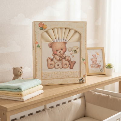 Caixa de têxteis para bebé com urso e texto baby sobre móvel de madeira com acessórios de bebé