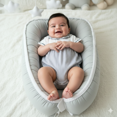Bebé sorridente deitado num ninho acolchoado cinzento