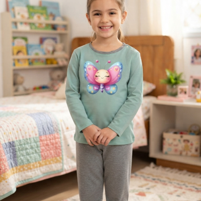 Menina com camisola verde clara com borboleta colorida e calças cinza num quarto infantil