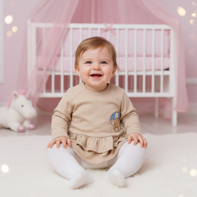 Bebé sorridente com vestido bege e meias brancas num quarto rosa com berço e peluche unicórnio.