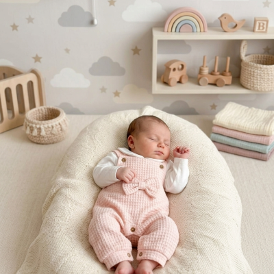 Bebé a dormir num sofá ergonómico creme num quarto com decoração de nuvens e estrelas, com brinquedos de madeira e mantas coloridas ao lado.