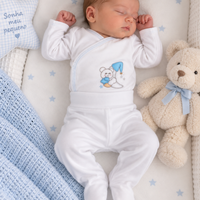 Bebé a dormir com pijama branco e bordado de ursinho azul junto a almofada azul com texto e urso de pelúcia bege