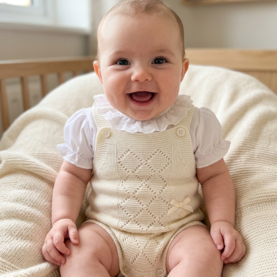 Bebé sorridente sentado num cobertor creme, vestido com body branco e babygrow de malha creme com padrão de losangos.