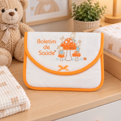 Carteira branca com rebordo laranja e ilustração de cogumelos e coelhinhos e texto Boletim de Saúde