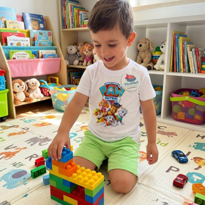 Menino a brincar com blocos de construção coloridos numa manta com letras e animais