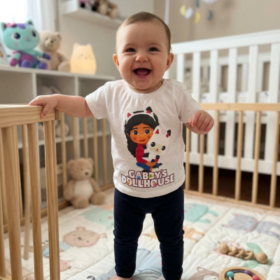 Bebé sorridente na cama de grades vestindo t-shirt branca com desenho GABBYS DOLLHOUSE e calças pretas