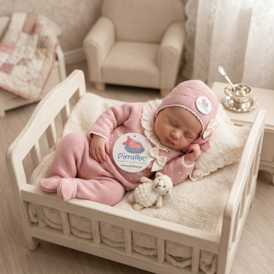 Bebé vestido com roupa rosa a dormir numa cama de madeira clara com almofada rendada e brinquedo de malha.