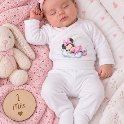 Bebé de pijama branco com estampa rosa da Minnie, faixa de cabeça rosa, deitado em manta rosa com peluche de coelho e placa de madeira com texto