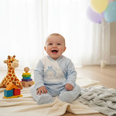 Bebé sorridente com pijama azul sentado em cobertor com brinquedos e balões
