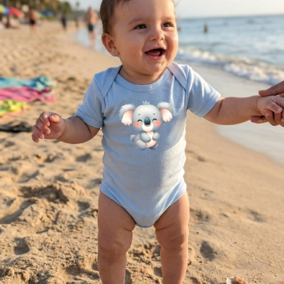Bebé na praia de body azul com estampa de coala