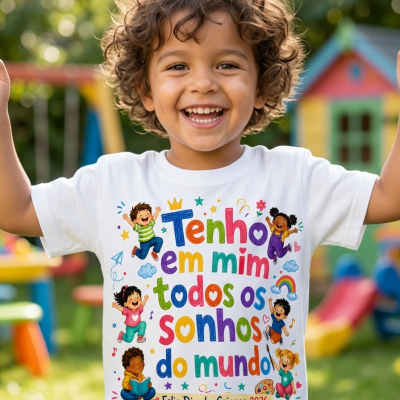 Camisola branca com texto colorido e ilustrações de crianças felizes