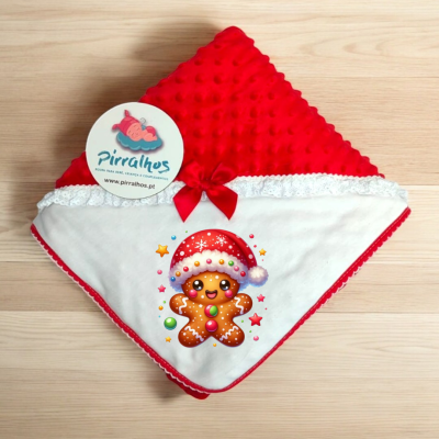 Manta para bebé vermelha e branca com desenho de boneco de gengibre de Natal