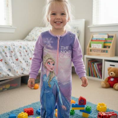 Pijama de criança em fleece com personagem Elsa, texto THE NORTH CALLS, quarto infantil colorido.